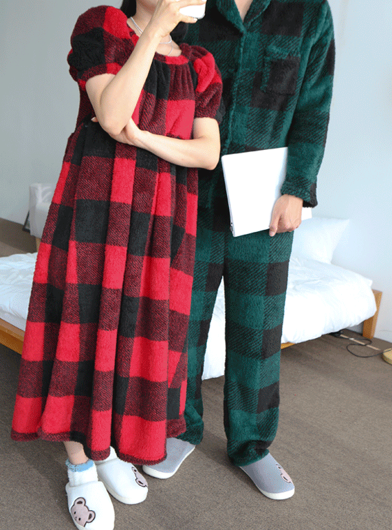 포그니 트리 체크 남녀 커플 수면잠옷 세트잠옷 홈웨어 극세사잠옷