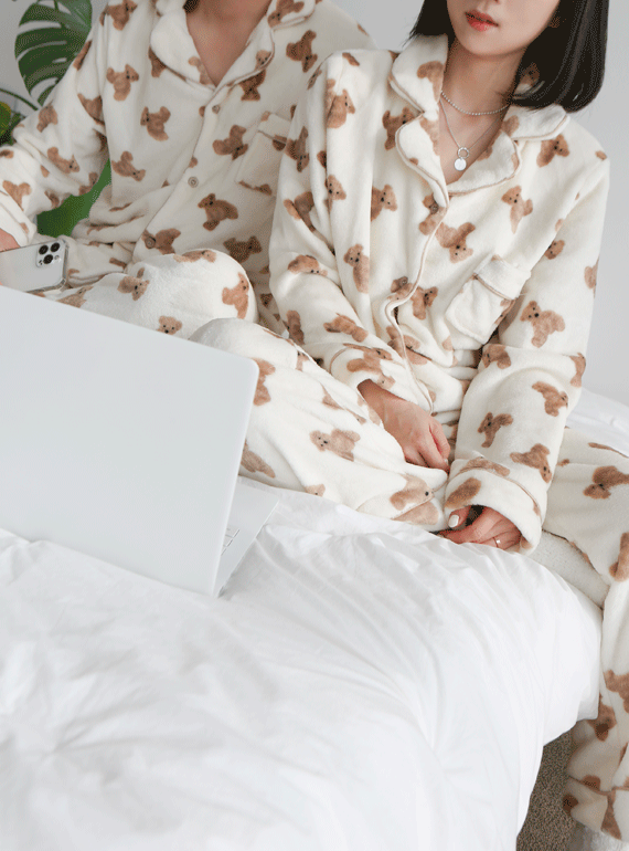 포그니 리본 아이베어 수면 남녀 커플 잠옷 세트 홈웨어 극세사잠옷 겨울잠옷